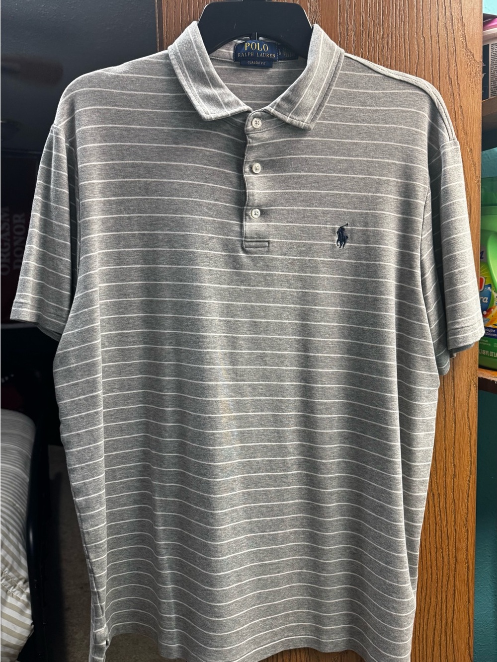 Ralph Lauren Gray Striped Polo Shirt Men’s Large Golf Shirt Classic Fit